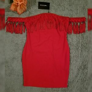 Off Shoulder Red Fringe Bodycon Dress